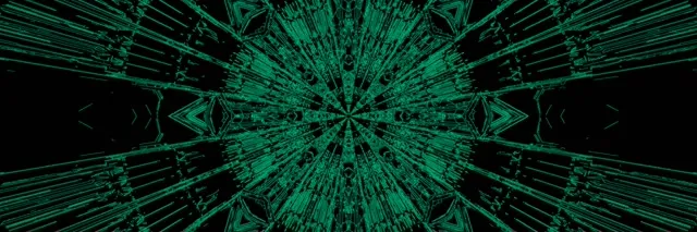 تونل نئون سبز تابناک با نمای کالیدوسکوپ انفجار که از مرکز درخشش می‌کند، اثر گردابی متقارن را در 4K VJ loop screensaver ایجاد می‌کند