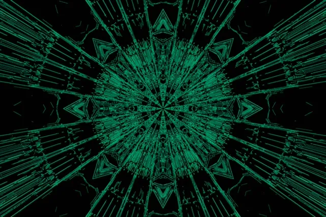 Pembezoni ya kaleidoscope neon kijani inayotoa mionzi kwa muundo wa mlipuko simetri, kitanzi cha VJ kizamili 4K na mistari ya kijiometri