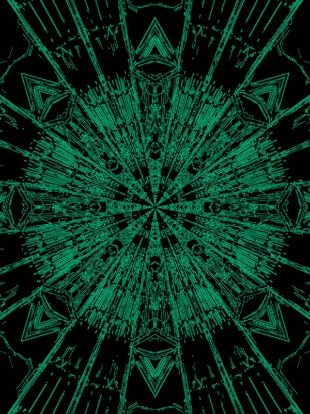 Promieniujący zielony tunel neonowy ze wzorem kaleidoskopu wybuch gwiazdy promieniujący od centrum, z symetrycznymi liniami geometrycznymi do pętli VJ