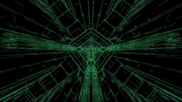 Kiirgav roheline neoni-tunnel sümmeetriliste geomeetriliste joontega, mis koonduvad keskele ja loovad lõpmatu sügavuse efekti. Tumeda taustaga intensiivse smaragdi kiilgu. VJ loop 4K 60fps.