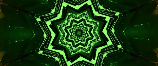 Étoile néon vert éclatant avec motifs géométriques concentriques créant un vortex tunnel infini, boucle VJ 60fps