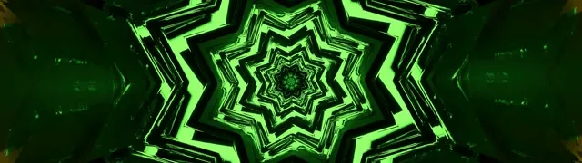 Pusaran bintang neon hijau cerah dengan corak geometri berpusat yang berputar spiral ke dalam, garis bercahaya pada latar belakang gelap, gelung VJ abstrak