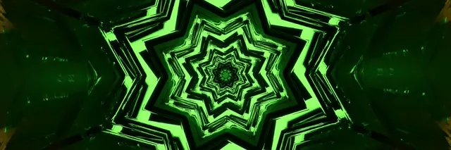 تونل گردابی ستاره نئون سبز درخشنده با الگوهای هندسی هم‌مرکز در حلقه حرکت 4K