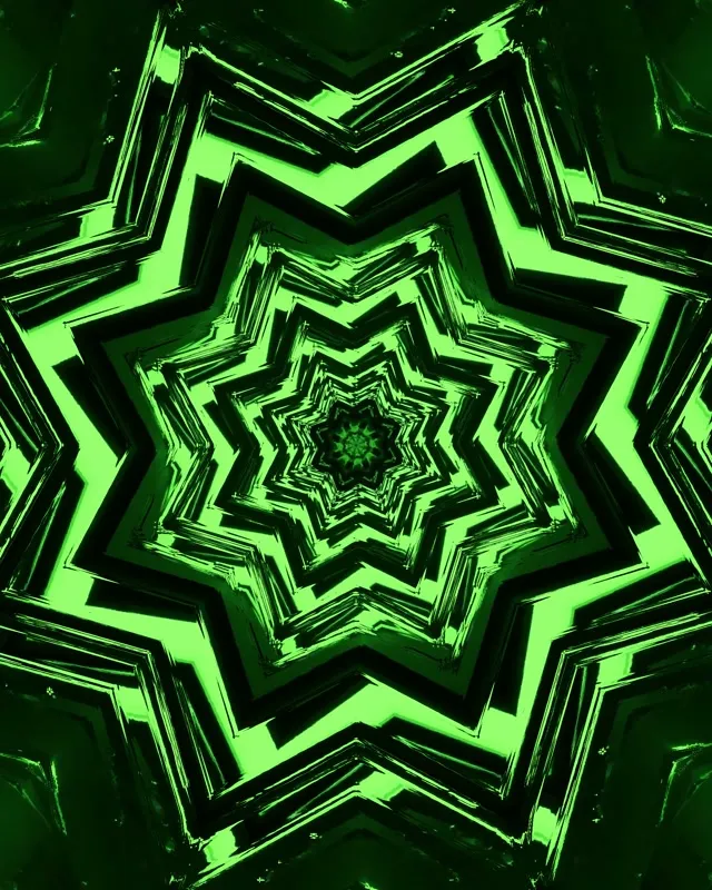 Ryškiai žalias neon žvaigždės sūkurio tunelis su koncentriškais geometriniais formais, hipnotinis VJ kilpinis abstraktus judėjimas
