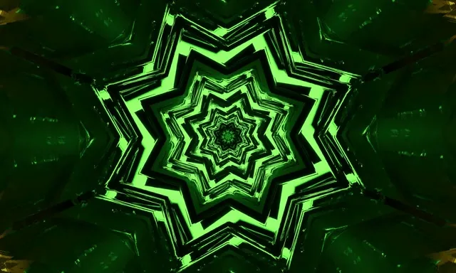 Koncentrični neon zeleni zvjezdani vrtlog tunel s geometrijskim slojevima koji se šire od centra, fascinantna 4K VJ petlja