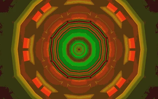 Neontunnel Dekagon Virvel Grön Orange VJ Loop 60fps 16:10 Macbook Skärmsläckare