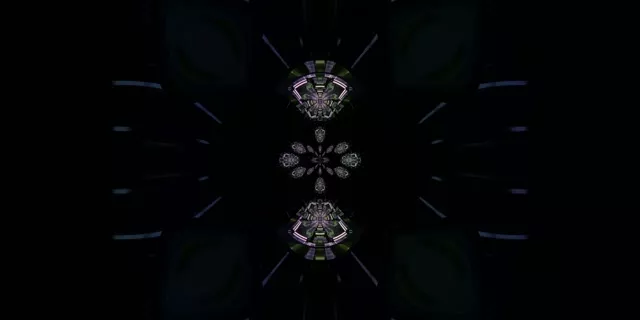 Симетричний неоновий тунель з калейдоскопом фіолетових та зелених геометричних візерунків, що спіралюють у темряву, абстрактний VJ цикл