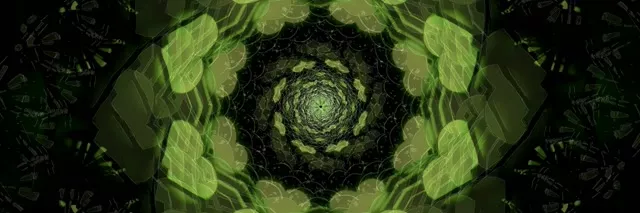 تونل مارپیچ سبز درخشان با حلقههای متحدالمرکز، عمق سهبعدی، درخشش نئون، پس‌زمینه حلقه VJ انتزاعی