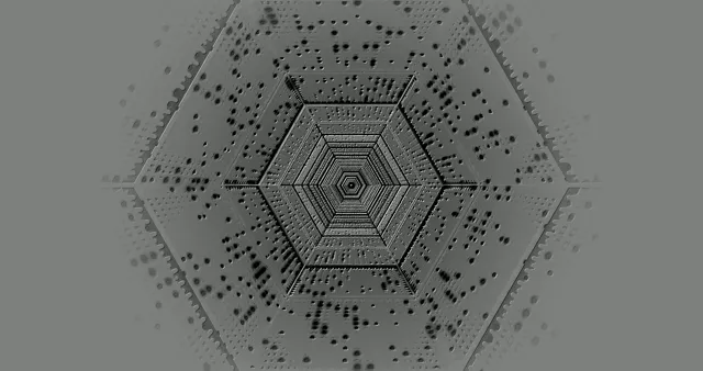 Túnel neón hexagonal gris con anillos geométricos concéntricos en espiral, rodeado de partículas en bucle VJ 4K abstracto