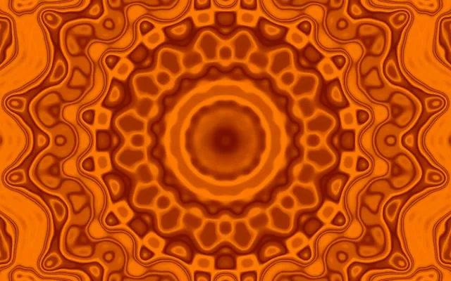 Koncentriškai išdėstyti oranžiniai ir rudi neoniniai apskritimai simetriškame mandala rašte, sudarantys sūkurio tunelo efektą su spinduliais geometriniais sluoksniais sklandžiai VJ kilpai