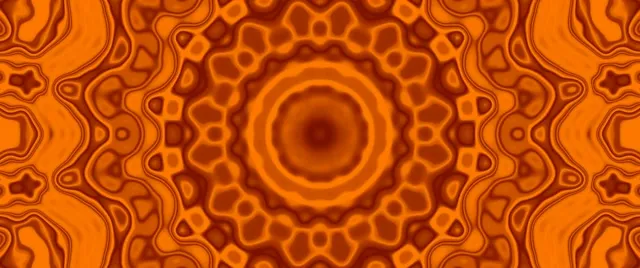 Koncentryczne mandala neonowe pomarańczowe z symetrią radialną spiralującą do wewnątrz, tworząc hipnotyzujący efekt tunelu w ciepłych tonach bursztynu dla pętli VJ