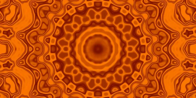 Motiv mandala neon portocaliu concentrice cu unde irradiante din centru, creând efect tunel 3D hipnotic pentru loop VJ