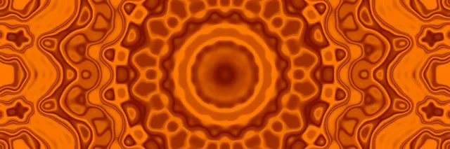 Symmetrische oranje neon-mandalaspiraal met concentrische cirkels en uitstralingspatronen, gloeiende VJ-lus 60fps