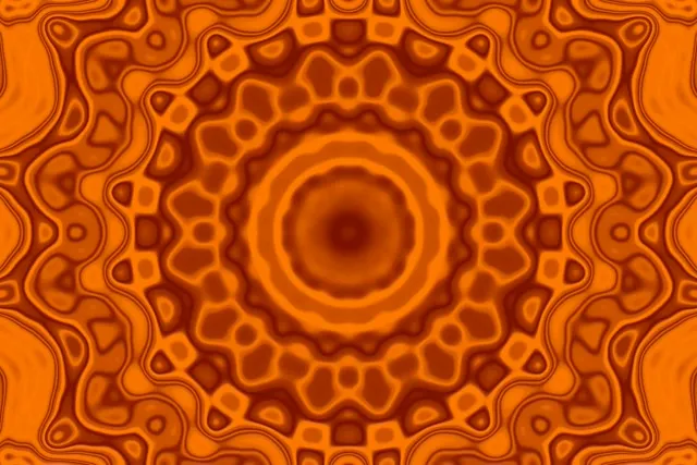 동심원과 대칭적 기하학적 패턴을 가진 주황색 네온 만다라 터널, VJ 루프를 위한 최면적 소용돌이 효과 생성