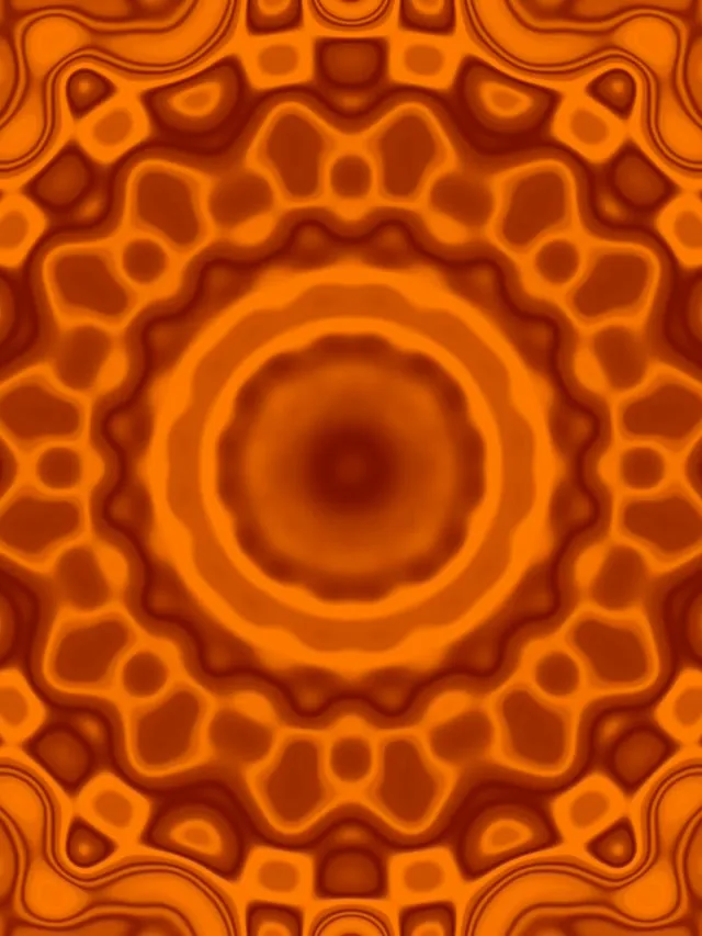 Vibrant oranž neon-tunnel kontsentriliste ringidega ja mandala mustriga, luues sügava helendava tiirluse efekti