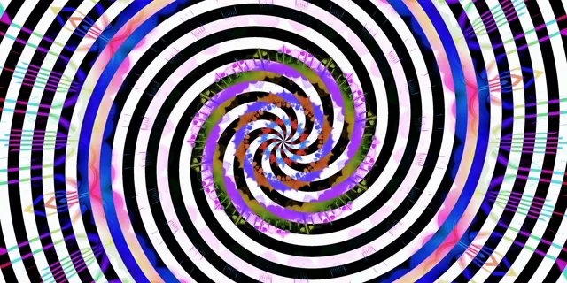 Đường hầm xoắn neon huyến thuiên với dải đen trắng đồng tâm, nhấn mạnh xanh và hồng sống động, hiệu ứng độ sâu xoáy, vòng lặp VJ 4K