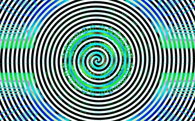同心催眠螺旋涡流，霓虹绿色、青色和黑色条纹创造迷幻隧道效果，适合VJ循环和屏保使用。