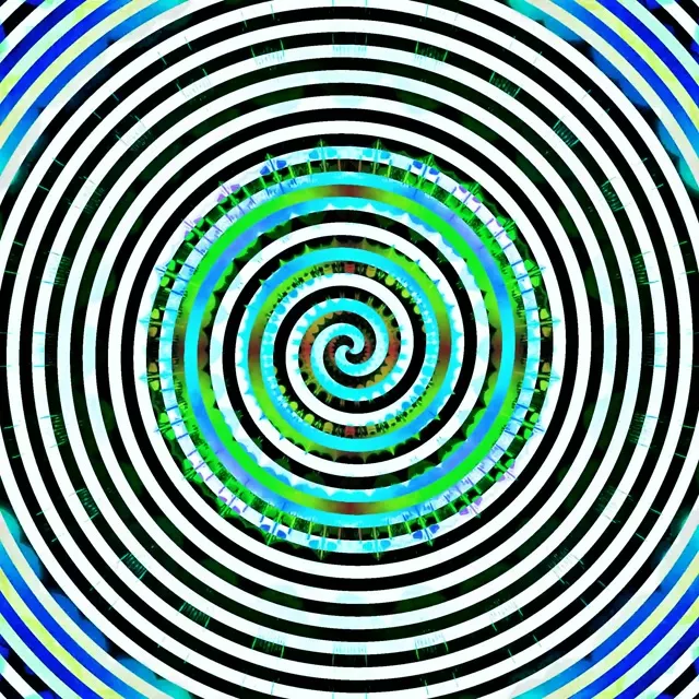 מערבולת ניאון ספיראלית היפנוטית עם טבעות קונצנטריות שחורות ולבנות, מרכז ציאן וירוק לימוני זוהר, לולאת VJ 4K