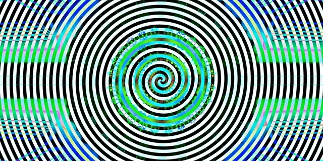 دوامة حلزونية سوداء وبيضاء مخدرة مع لهجات نيون زرقاء وخضراء تشع في حلقات متحدة المركز، مما يخلق تأثير نفق آسر لحلقات VJ