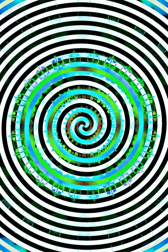 Υπνωτικό νέον σπειροειδές vortex με ομόκεντρους δακτύλιους σε κυανό, λαχανί και μαύρο, γοητευτικό 60fps VJ loop για κατακόρυφη μορφή.