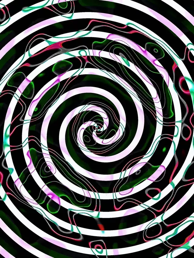 نفق الدوامة الحلزونية النيون المنوّم مع حلقات متحدة المركز نابضة بالحياة باللون الأرجواني والسماوي والأبيض تلتف نحو الداخل وتخلق تأثير عمق 3D ساحر