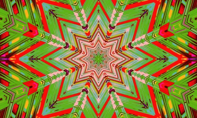 منمنمة نجم نيون نابضة مع شعاعات هندسية متحدة المركز باللون الأحمر والأخضر والأصفر تخلق تأثير نفق مغناطيسي