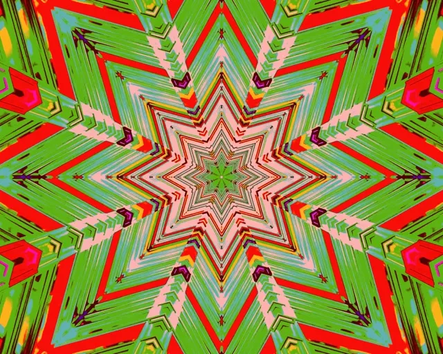 充滿活力的霓虹隧道，呈現紅、綠、粉紅色同心星形萬花筒圖案，幾何VJ循環背景