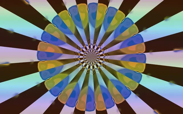 Strahlender Neon-Tunnelspiraltrichter mit blauen, gelben und braunen geometrischen Blütenblättern, konvergierend ins Zentrum, lebendige 4K VJ-Loop Bewegungsgrafik