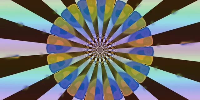 蓝色和金色万花筒花瓣向内螺旋的放射状霓虹隧道，具有60fps催眠效果的VJ循环和柔和渐变背景