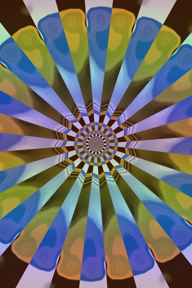 Hipnotizuojantis spiralinis sūkurys su koncentriškomis kaleidoskopu žiedlapiais mėlynoje, geltonoje ir rudoje spalvoje. Abstraktus neoninis tunelis VJ Loop su geometrine gylyma ir sukinėjimosi efektu.