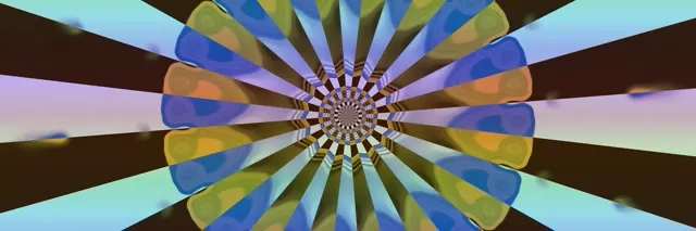 Đường hầm vạn hoa neon rực rỡ xoắn vào trong với cánh hoa hình học màu xanh, vàng và nâu tạo ra chiều sâu mê hoặc, vòng lặp VJ trừu tượng