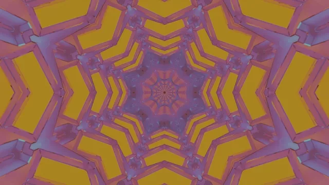 Tollán neon siméadrach le chevron geoiméadrach corcra agus órga a ghealadh ó lár an ionaid, ag cruthú effeacht vortex caileadeasgóp gan deireadh i lúb VJ 4K