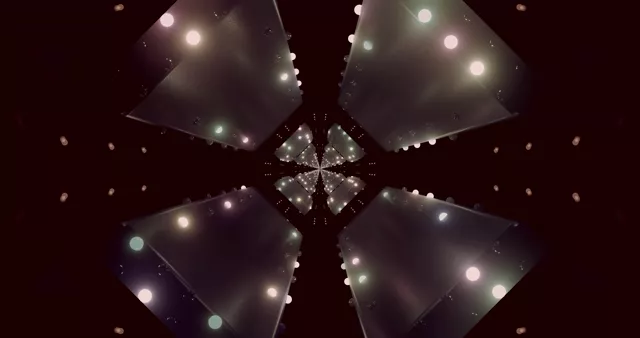 Terowong kaleidoskop neon simetri dengan sfera bersinar, latar belakang maroon gelap, corak geometri cermin, gelung VJ 4K