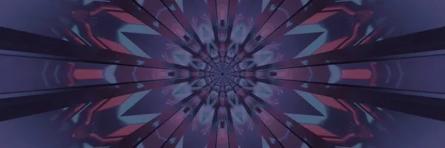 गहरे बैंगनी और मैजेंटा ज्यामितीय पैटर्न वाली सममित नीन कैलीडोस्कोप सुरंग जो केंद्र से विकिरण करती है, VJ लूप के लिए सम्मोहक भंवर प्रभाव
