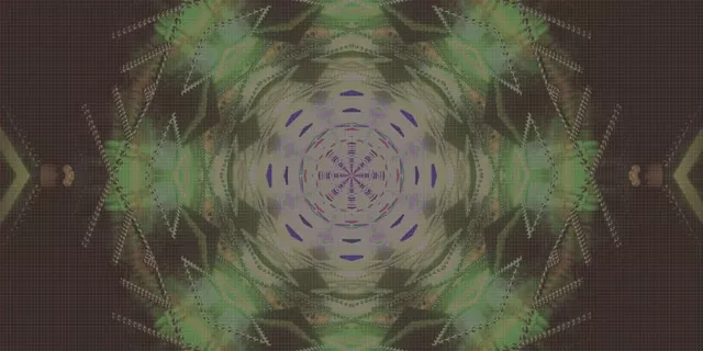 Đường hầm neon đối xứng với các xoắn ốc tím đồng tâm và các mẫu hữu cơ xanh lá cây, xoáy cảnh quan mê hoặc VJ loop