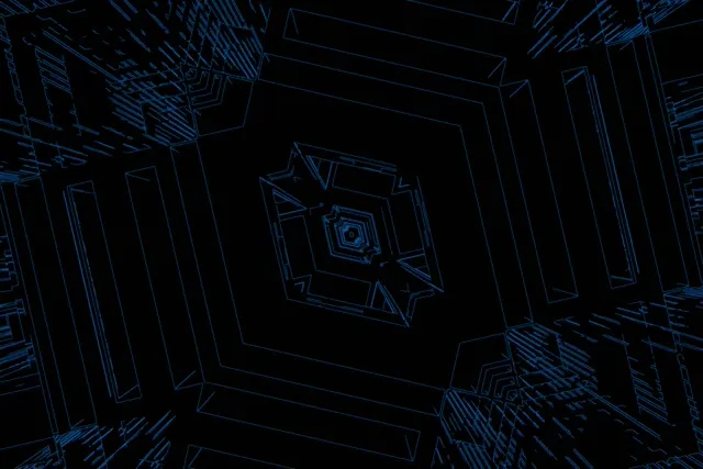 Abstraktní modrý neonový tunel s soustřednými geometrickými tvary spirálovitě se točícími dovnitř, vytvářejícími hypnotizující efekt vortexu. Tmavé pozadí se žhoucími azurovými liniemi a vnořenými obdélníkovými rámci.