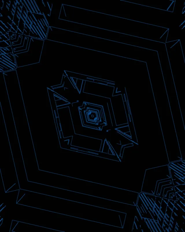 Modrý neonový geometrický tunel s koncentrickými čtvercovými rámci spirálovitě směřujícími dovnitř, vytvářejícími nekonečnou hloubku a efekt vírtu. Abstraktní VJ loop pohybová grafika.