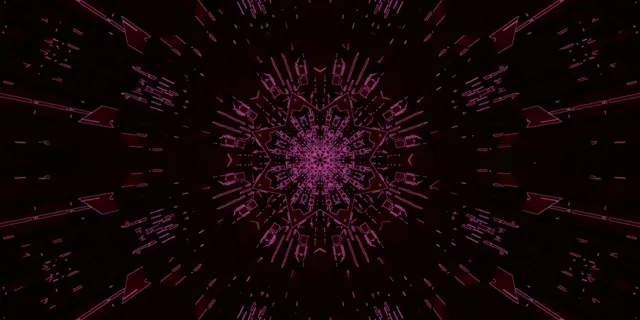 Blinkende magenta kaleidoskoop werwel met simmetriese neonstelsels, abstrak 4K VJ lus agtergrond