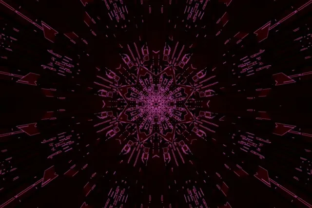 Mlipuko wa kaleidoscope ya neon ya magenta na nyekundu unaoleanga kutoka katikati, unaoundowa mifumo ya kijiometri ya ulinganifu na miale ya pembe kali kwenye msingi mweusi, 4K VJ loop