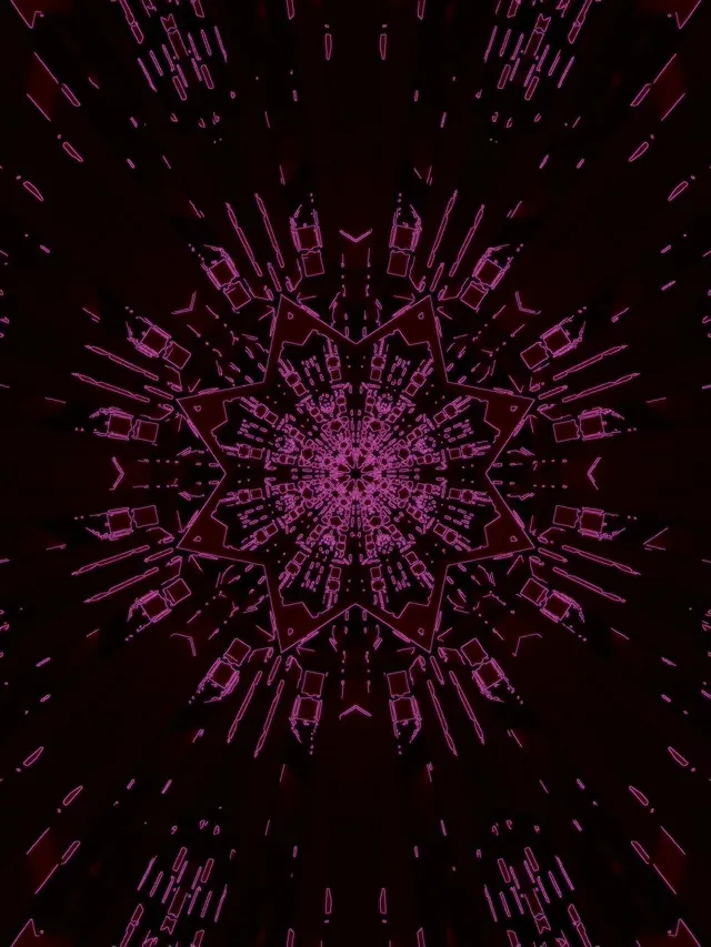 Symetryczny kalejdoskop neonu magenta promieniujący ze środka, tworzący geometryczny wzór gwiazdy z ostrymi liniami kątowymi na czarnym tle, abstrakcyjna animacja VJ Loop