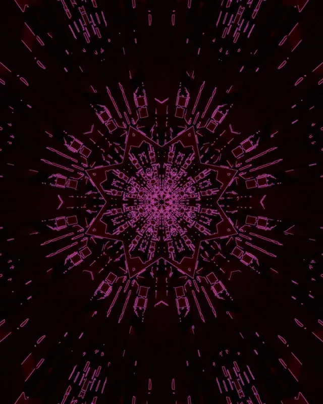 Straalende magenta en pers neon-ster kaleidoskoop-tonnel met simmetriese geometriese patrone, abstrakte VJ-lus bewegingsagtergrond 60fps