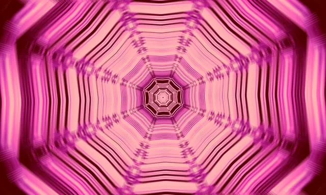 نفق دوامة نيون ثماني الأضلاع وردي متماثل يلتف بشكل حلزوني إلى الداخل، مما يخلق ممر هندسي ثلاثي الأبعاد مع جدران وردية متوهجة وتأثير منظور عميق لحلقات VJ