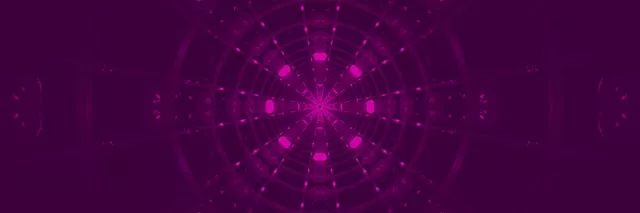 Violeta neona mandala ar mirdzošiem ģeometriskiem mezgliem, kas izstaro simetriskā spirāles tunelī, abstrakts VJ loop kustības fons