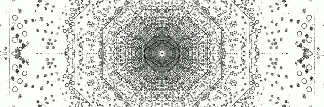 Simetriškas neoninės aštuonkampės tunelio geometrinis sūkurys balta ir pilka spalvomis, VJ loop screensaver 60fps