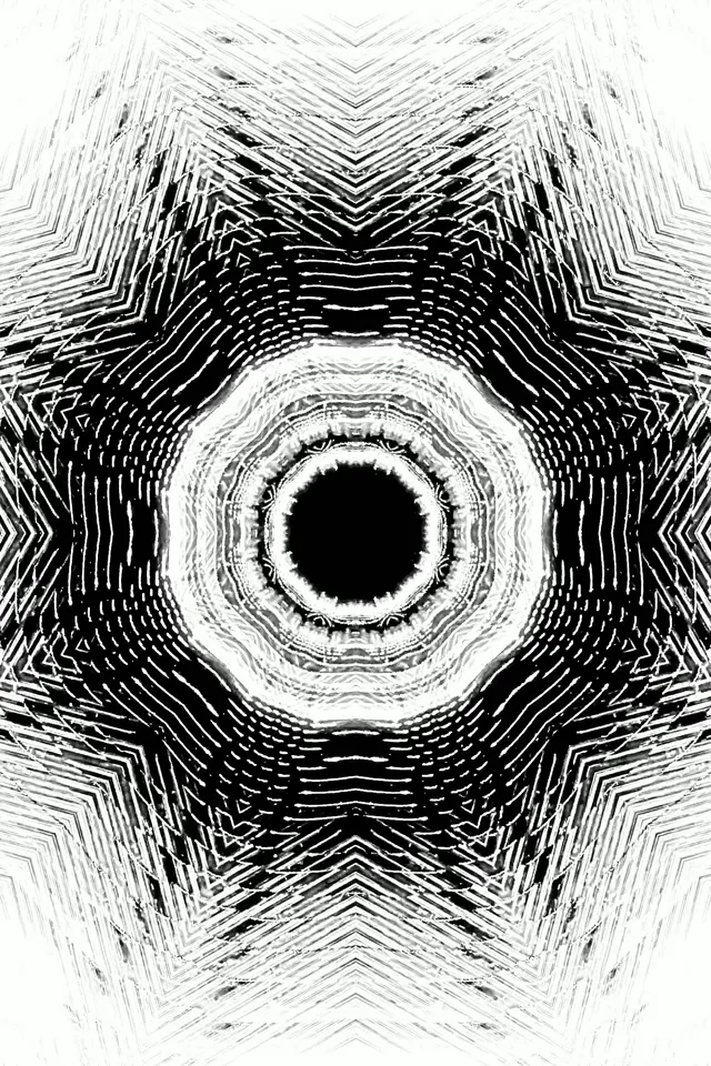 Μαύρο-λευκή νέον σήραγγα με απότομα γεωμετρικά σχέδια σχέσης που σπειροειδούν προς ένα κεντρικό αστέρι δίνη, υπνωτικό VJ εφέ