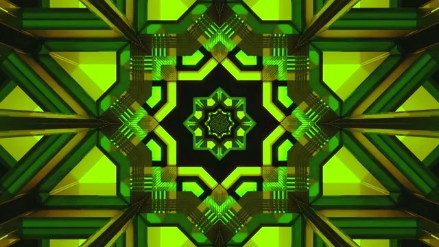 Svetlo zeleni i crni geometrijski neon tunel sa simetričnim kaleidoskopskim uzorcima koji zrače prema unutrašnjosti, kreirajući hipnotičnu VJ petlju 4K