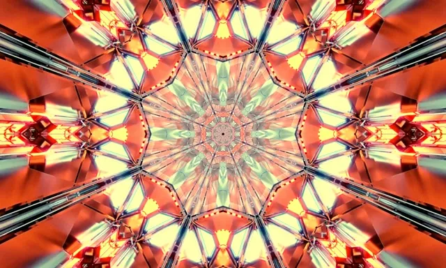 neon tunnel 5:3 wide 60fps screensaver vj loop red gold kaleidoscope tunnel vortex