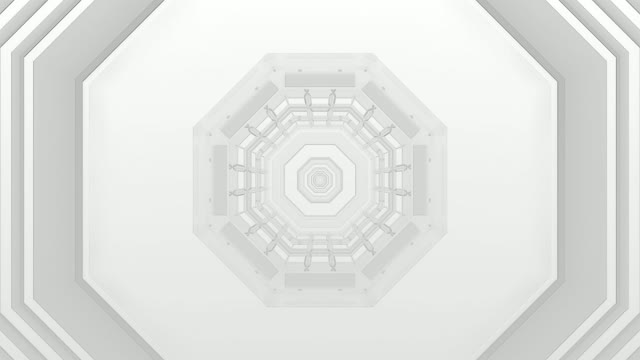 Abstraktní bílý neonový tunel s koncentrickými osmiúhelnými geometrickými tvary, 4K VJ smyčka
