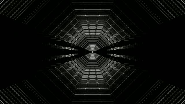 Simmetriese neon-tonnel met geometriese seshoekige ligpatrone wat in donker ruimte straal, 4K VJ-lus