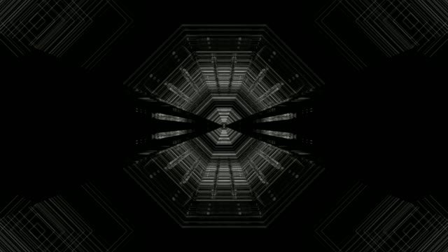 حلقه VJ تونل نئون انتزاعی با ساختار هندسی شش ضلعی متقارن، شبکه صنعتی تیره و الگوهای هندسی درخشان که پس‌زمینه حرکت 4K مسحور کننده ای را ایجاد می‌کند.